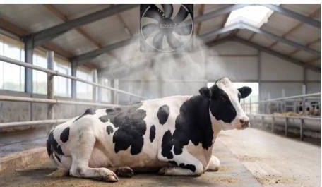 Cow resting under a cooling fan