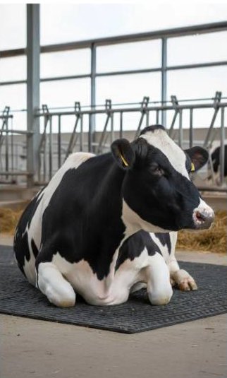 Cow resting comfortably on a mat